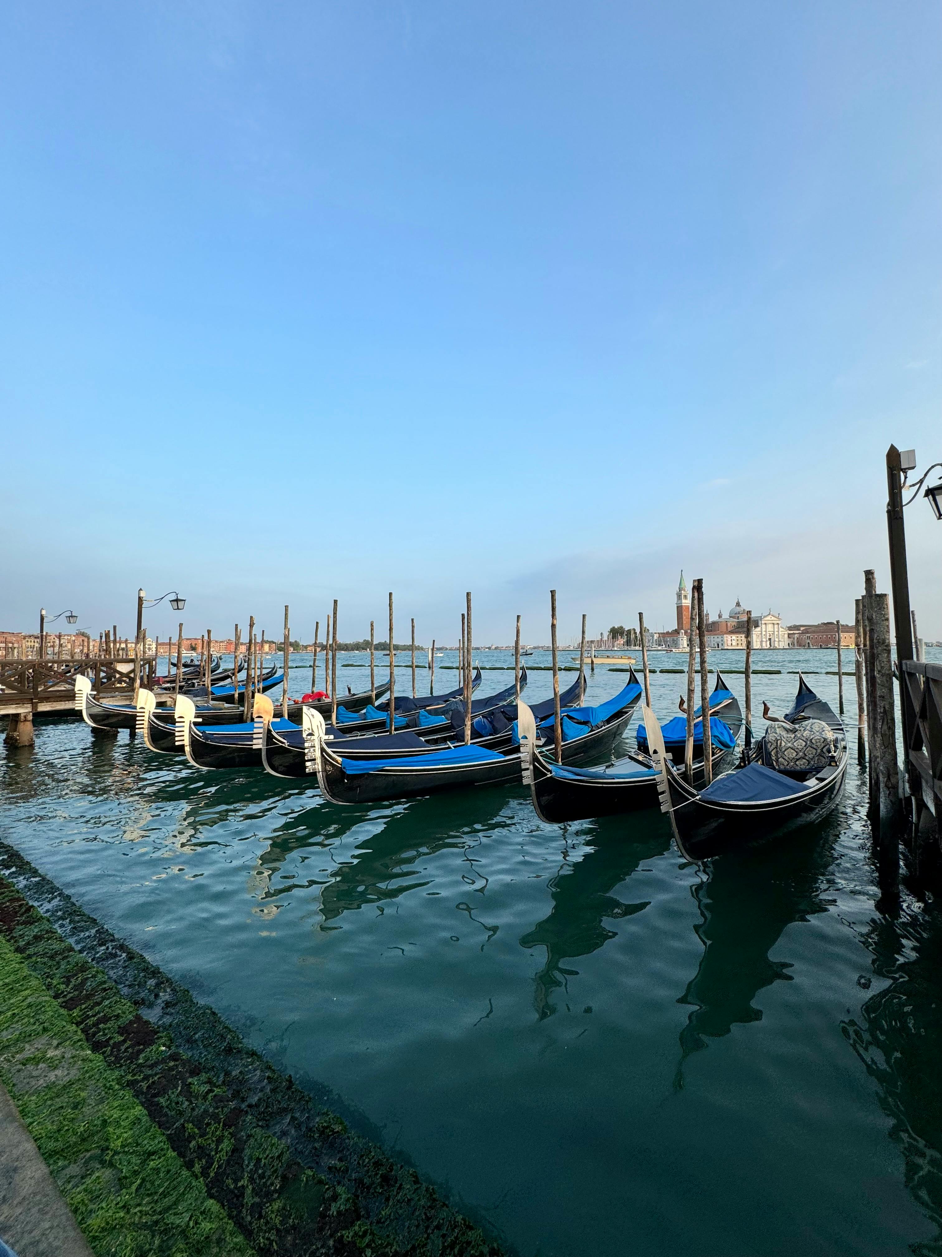 Serene view of gondolas lined up on a Venice canal during sunrise, with iconic architecture in the background.