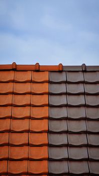Contrast of red and gray roof tiles under a clear blue sky.