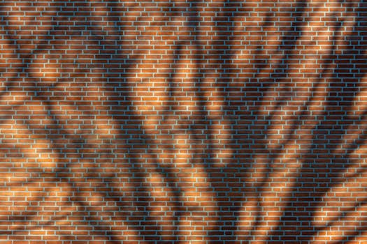 Captivating shadows create abstract patterns on a sunlit brick wall.