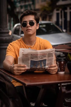 Stylish young man enjoys coffee and a newspaper at an outdoor cafe in Brazil.