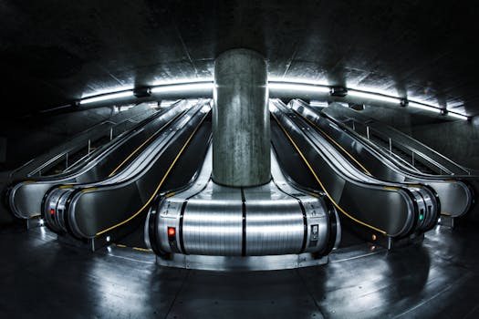 圣保罗地铁站里，自动扶梯的灯光明亮，充满未来感