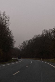 A tranquil winding road surrounded by autumn trees under an overcast sky, evoking peace.