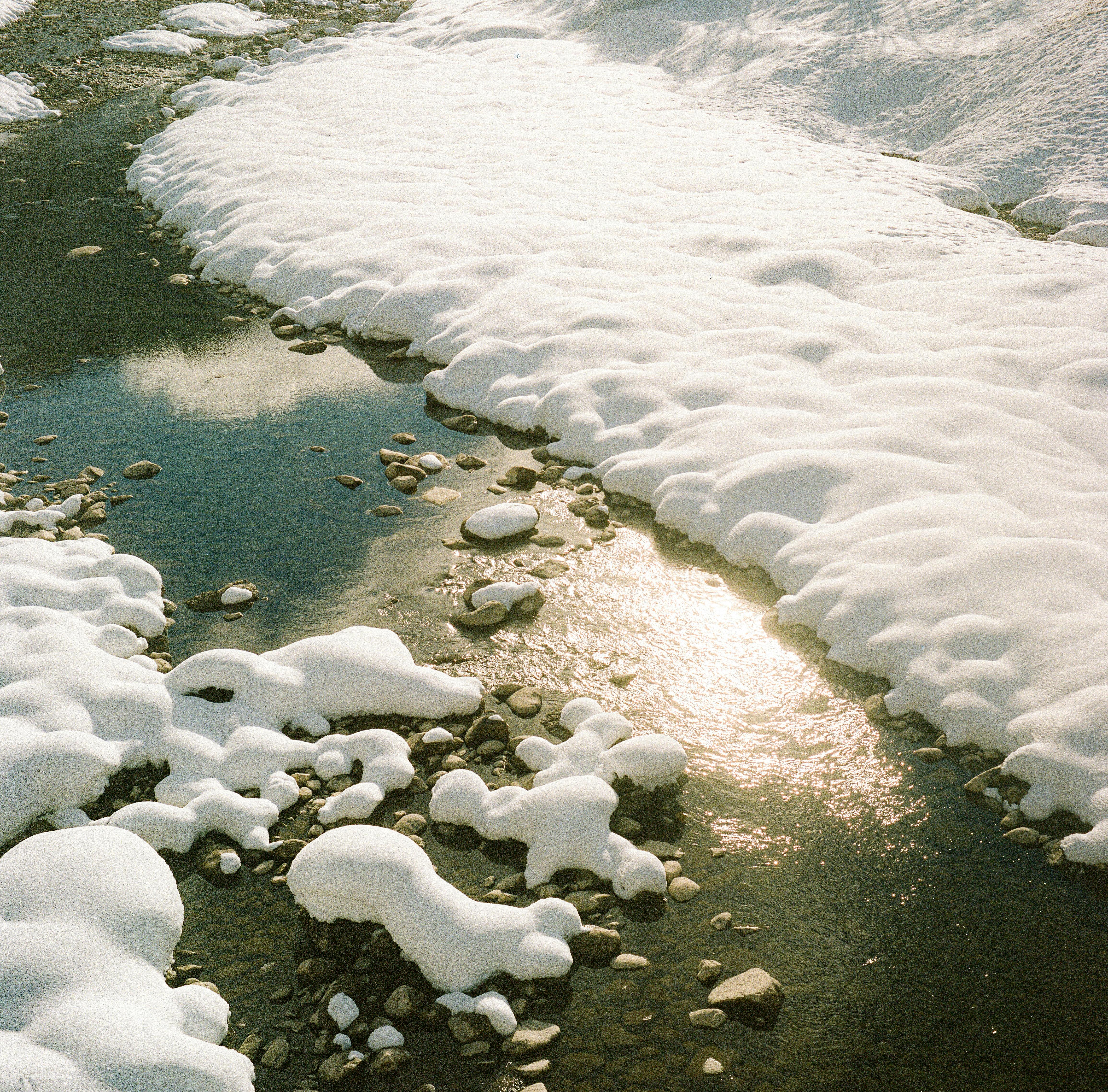 A serene winter scene capturing sunlight reflecting off a snowy stream.