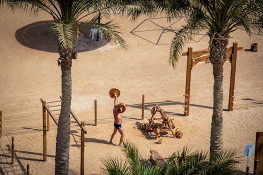 Man lifting weights in a sandy outdoor gym among palm trees, viewed from above.