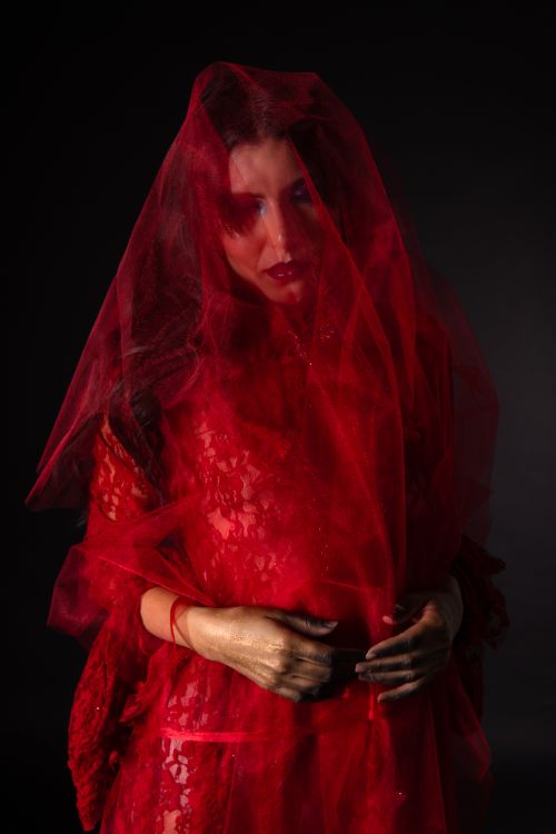 Free Dramatic portrait of a woman in a red tulle dress, creating a bold and mysterious mood. Stock Photo