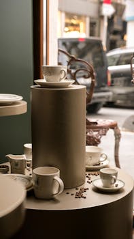 Stylish coffee cup arrangement in a chic urban café setting, with a street view.