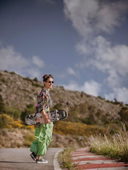Casual outdoor skateboarding scene with young woman carrying skateboard on countryside road.