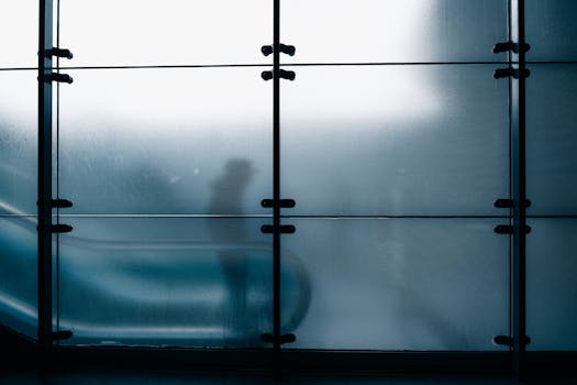 An abstract view of a silhouette behind frosted glass, capturing a sense of mystery and modern architecture.