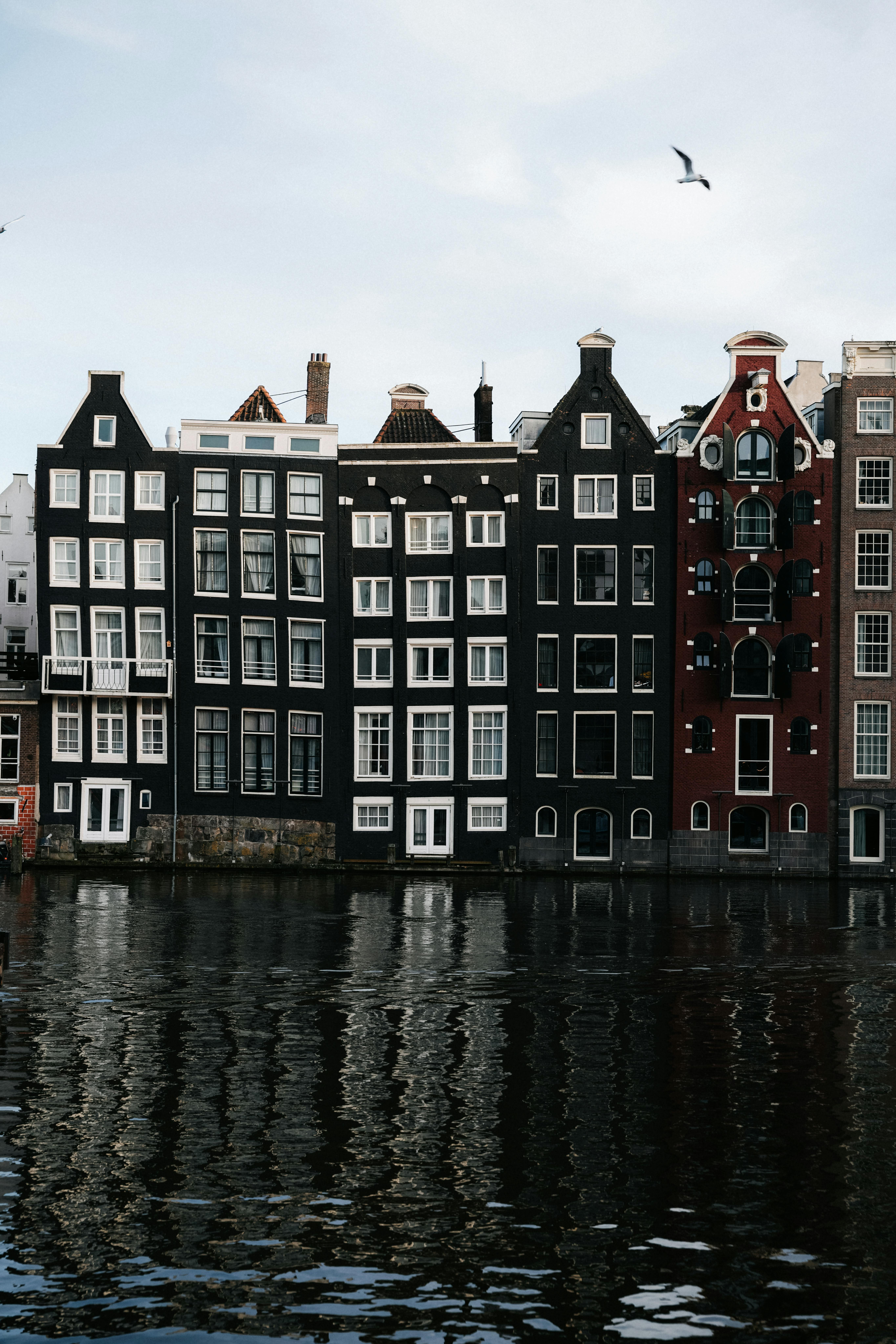 Elegant canal houses reflecting on water in Amsterdam's historic district.