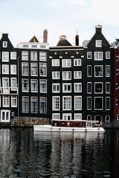 Charming view of Amsterdam's iconic canal houses and a boat on the water, a perfect Dutch scene.
