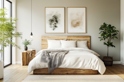 A serene modern bedroom featuring natural wood and green plants, illuminated by soft daylight.