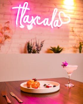 Stylish dining setting featuring a neon 'Tlaxcala' sign and a gourmet dish for modern culinary experiences.