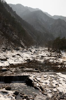 A serene mountain stream flows through a snowy landscape under towering peaks.
