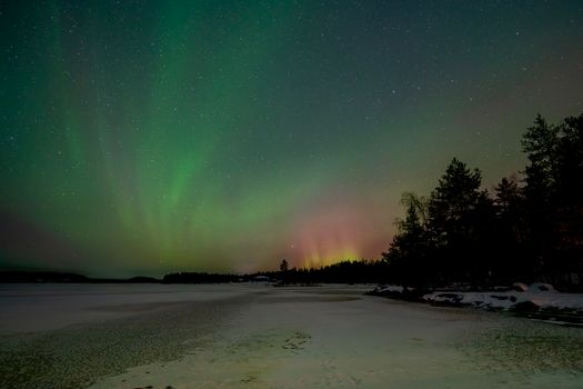 Enchanting Northern Lights over a frozen lake and forest. Captured at night with a vivid sky.