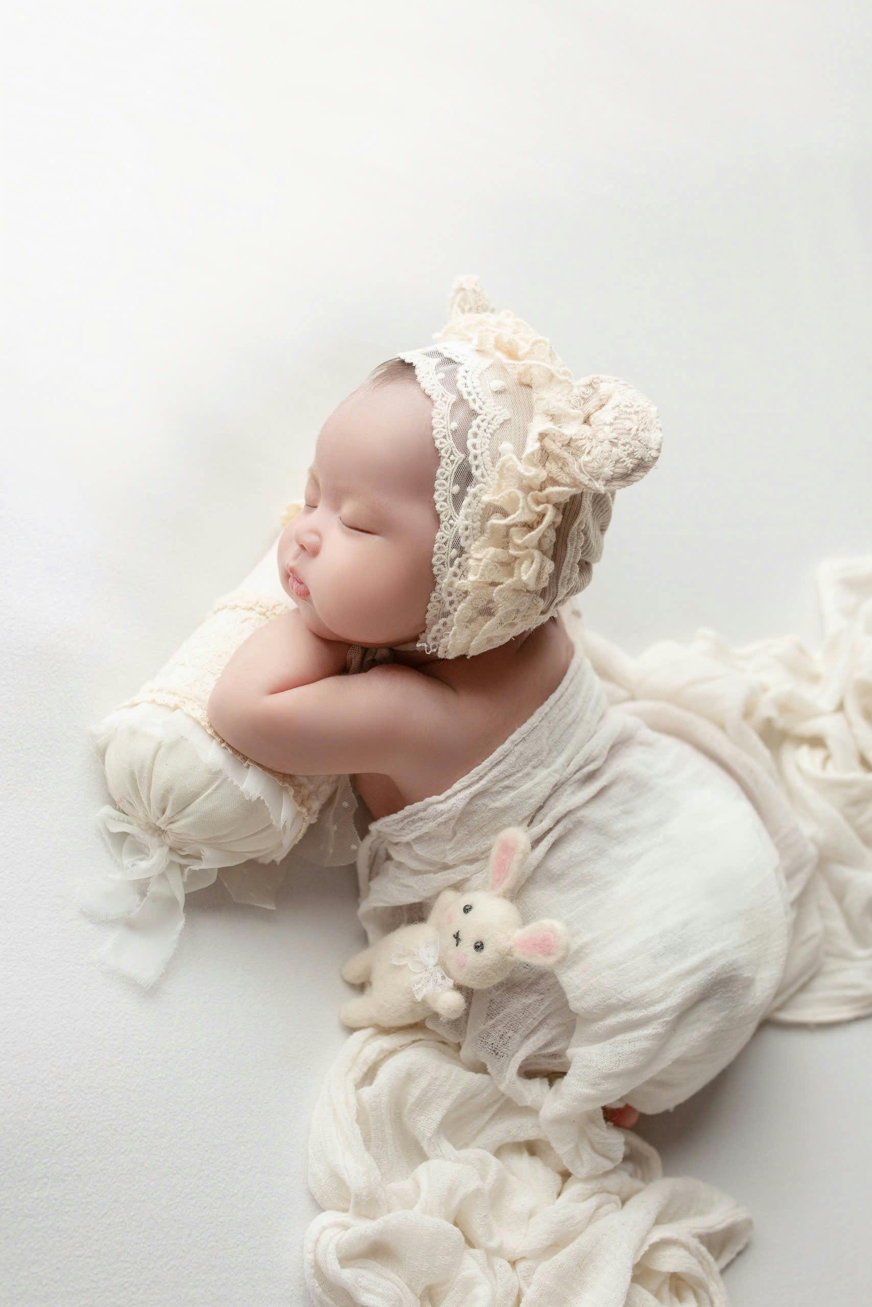 Adorable sleeping baby wrapped in lace with a soft toy, showcasing innocence and tranquility.