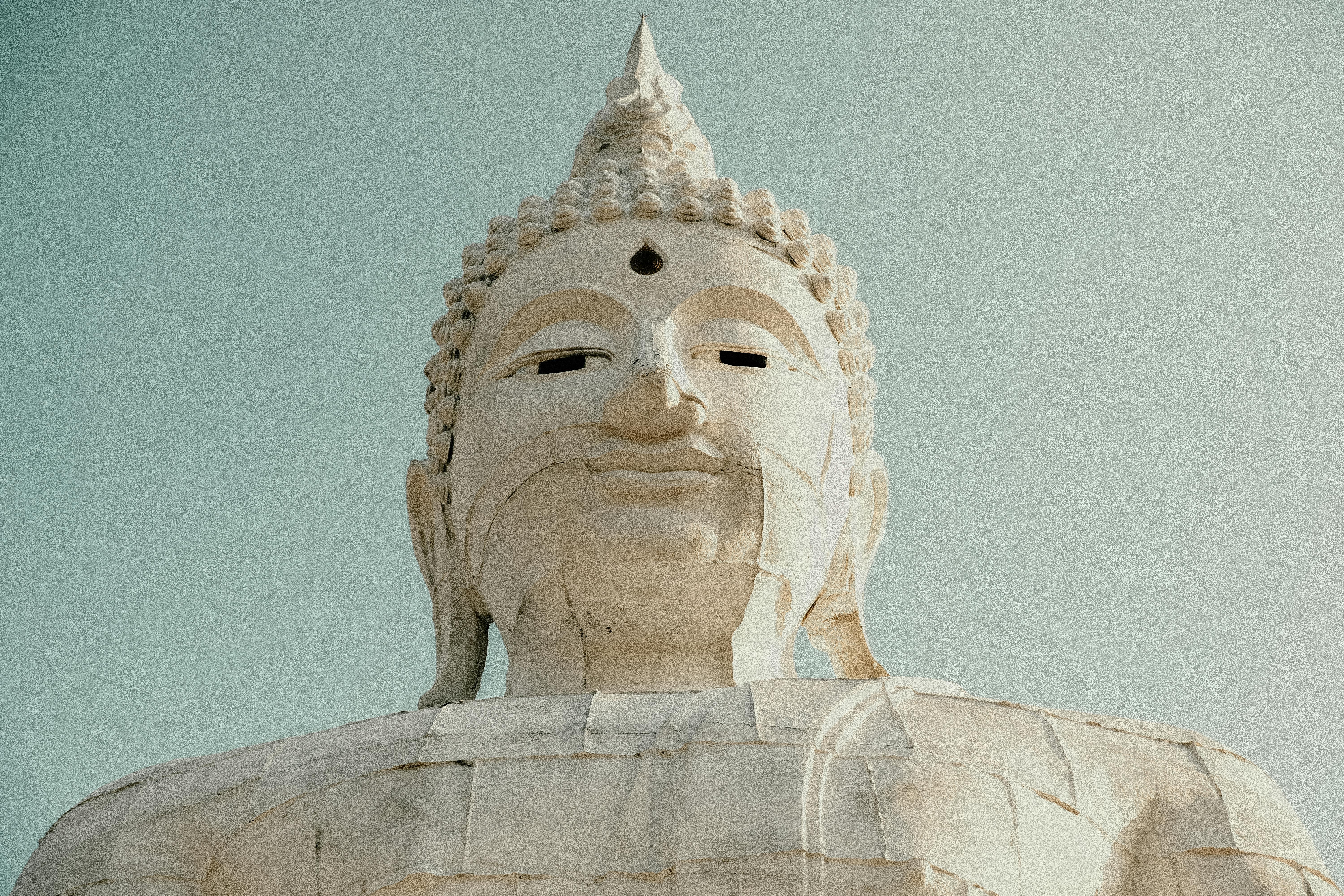 A majestic view of a large Buddha statue with a serene expression under a clear sky.