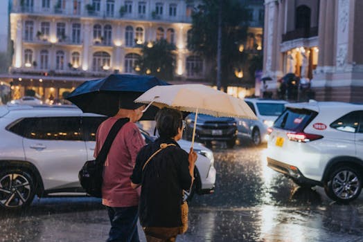 Couple with umbrellas crossing a street on a rainy night in Ho Chi Minh City, Vietnam.