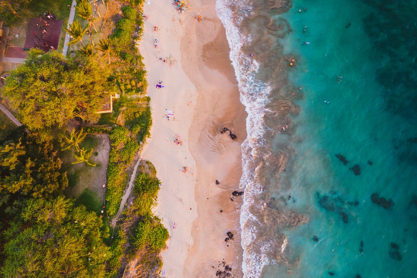 A quiet stretch of Maui coastline with calm turquoise water and golden sand