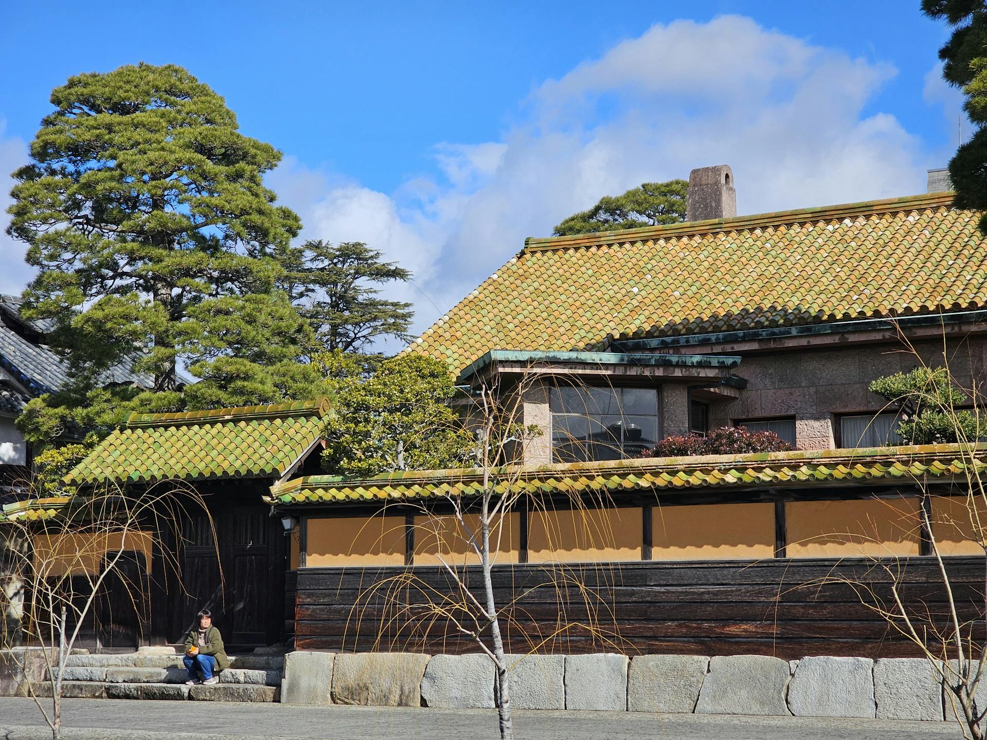 Serene view of a traditional Japanese house with green tiled roof and surrounding garden.
