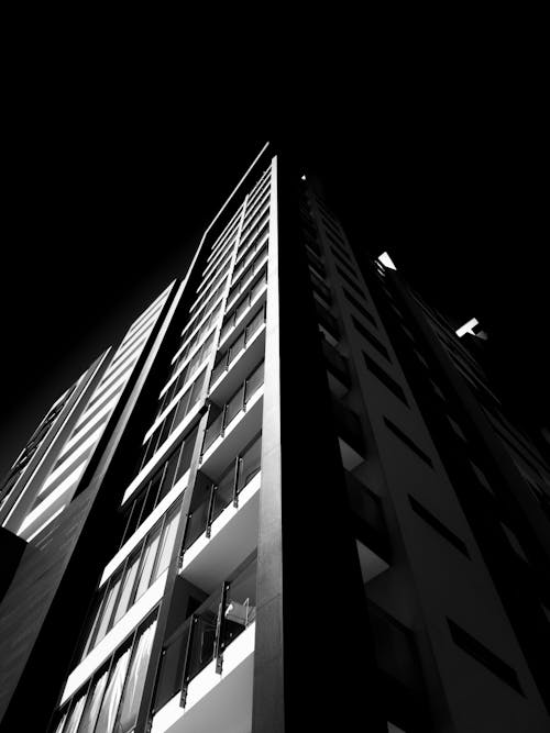 Free Grayscale Low Angle Photo of Building Stock Photo