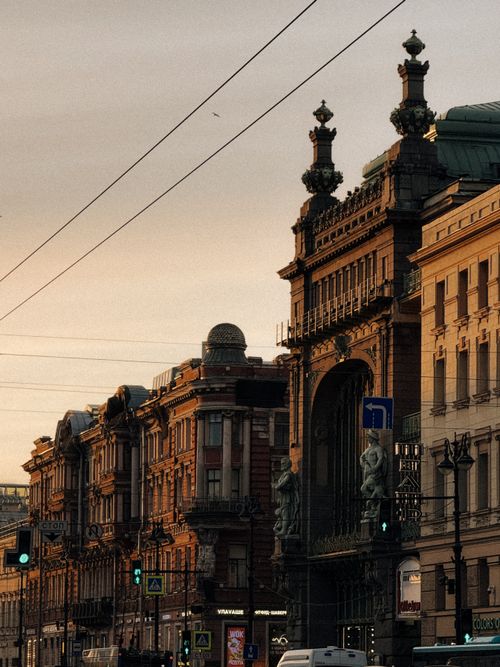 Free Sunset view of Nevsky Prospekt's historic buildings in Saint Petersburg, Russia. Stock Photo