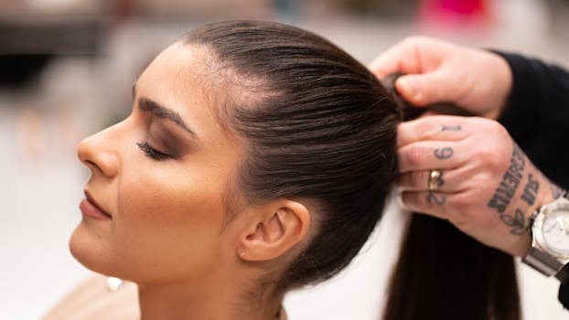 Close-up of a hairstylist tying a woman's hair in a sleek ponytail in Milan, Italy.