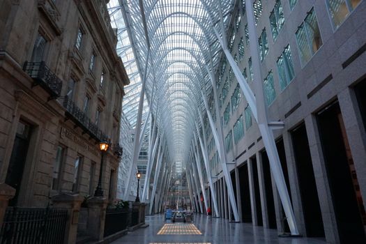 Brookfield Place atrium showcasing modern architectural design in Toronto, Canada.