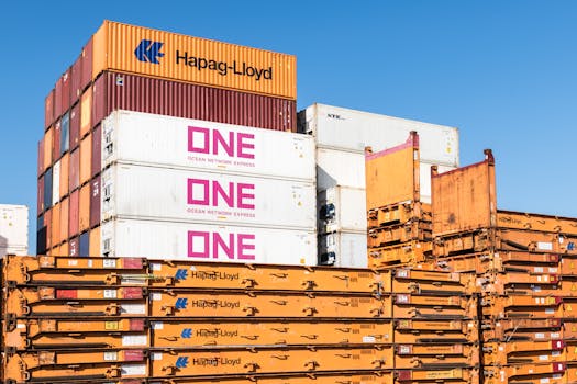A vibrant depiction of colorful shipping containers stacked at Hamburg port under a clear blue sky.