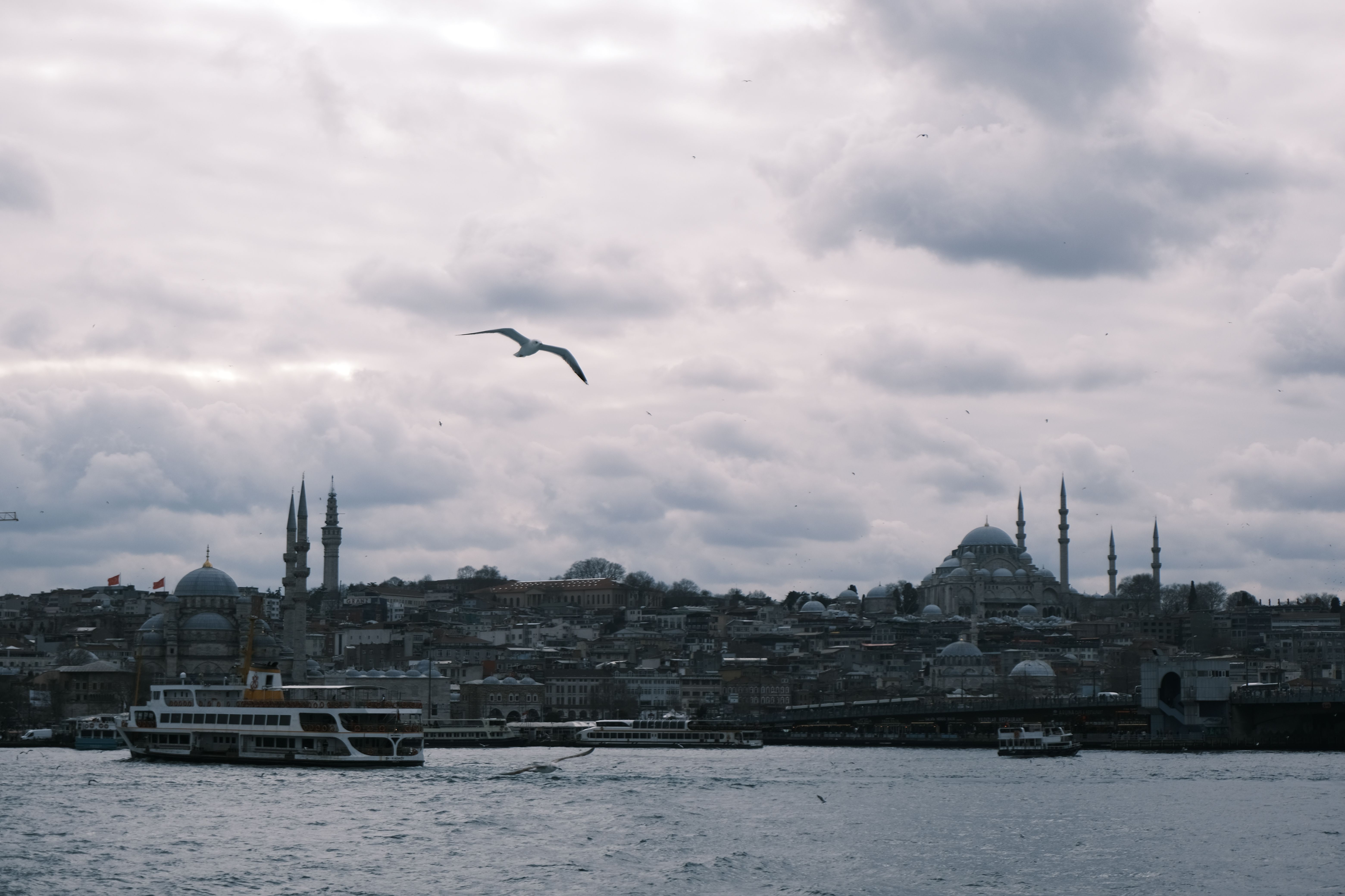 Minarets and the waterway at Istanbul under cloud
