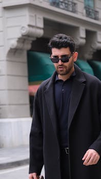 Stylish man in sunglasses and coat walking confidently in a city setting.