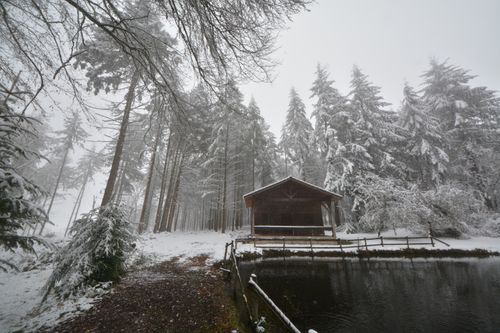 Free Tranquil winter scene of a snow-blanketed forest cabin by a pond in Nouvelle-Aquitaine, France. Stock Photo