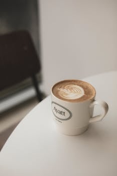Aesthetic latte with heart-shaped foam at a stylish cafe. Perfect for warm, inviting scenes.