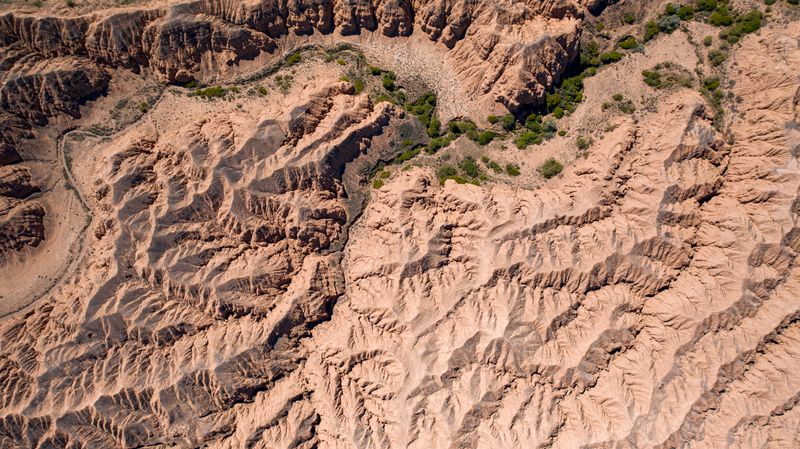 Aerial view of ridged desert badlands threaded with green scrub — photo by Nursultan's Photos on Pexels