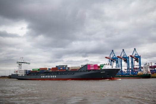 Unifeeder cargo ship at the Port of Hamburg on a cloudy day with visible cranes.
