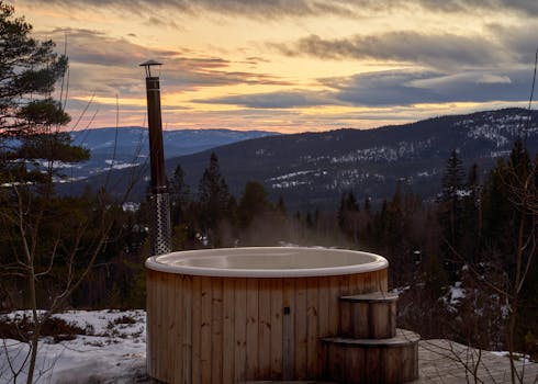  Winter Evening Hot Tub Overlooking Lake Krøderen, Norway