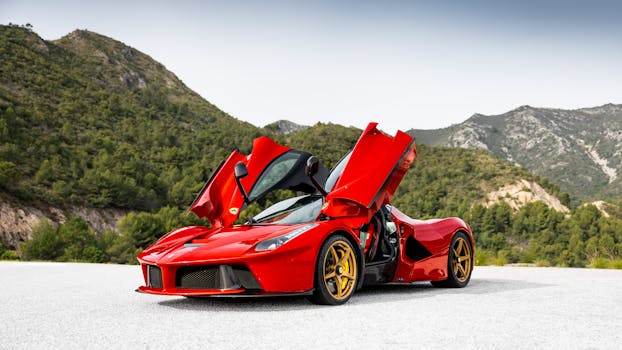 A striking red sports car with open doors against a serene mountain backdrop.