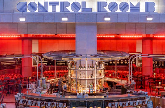 Modern bar with industrial decor in Control Room B at Battersea Power Station, London.