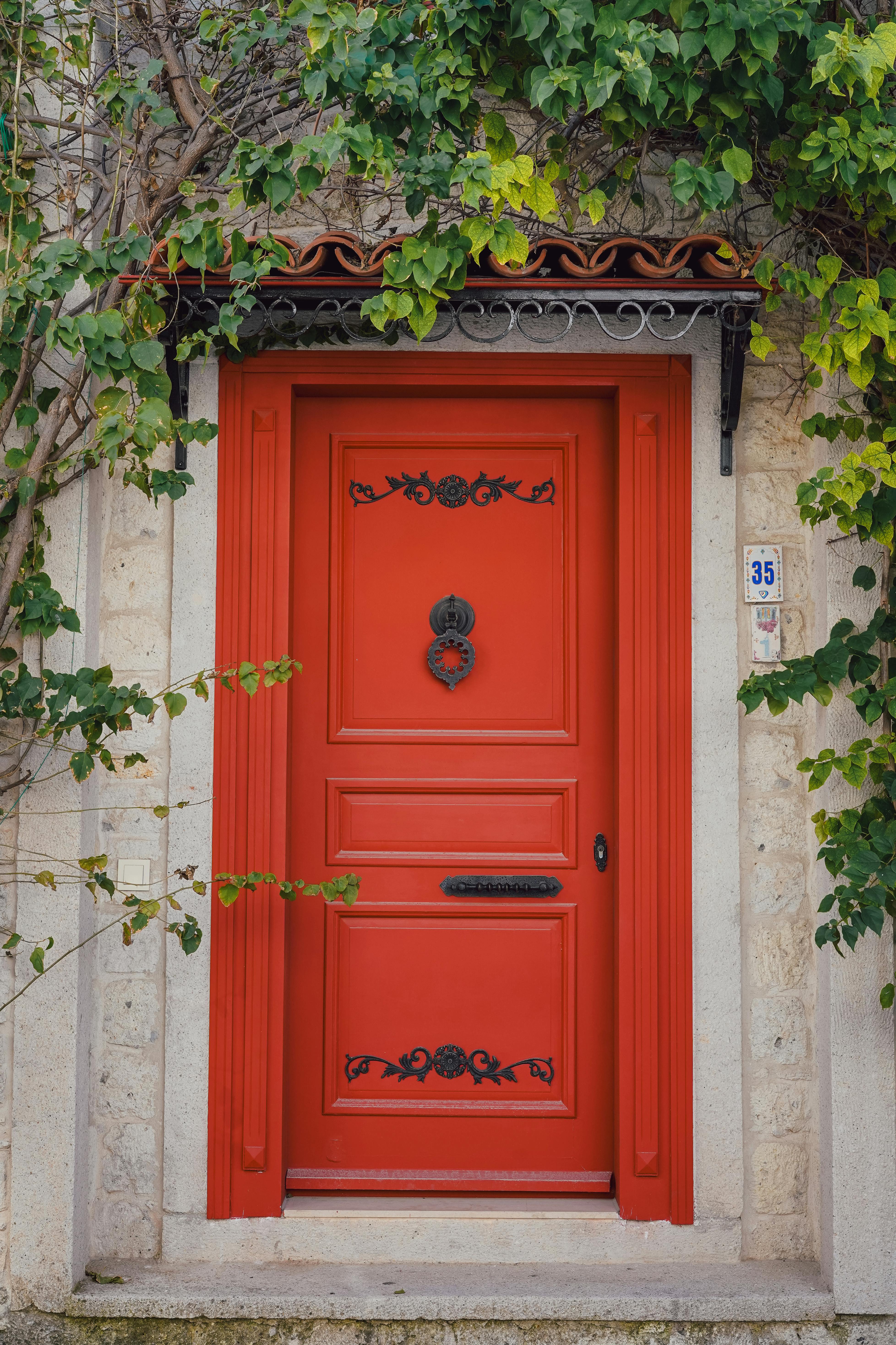 A striking red door framed by ivy against a rustic stone wall, offering classic charm.