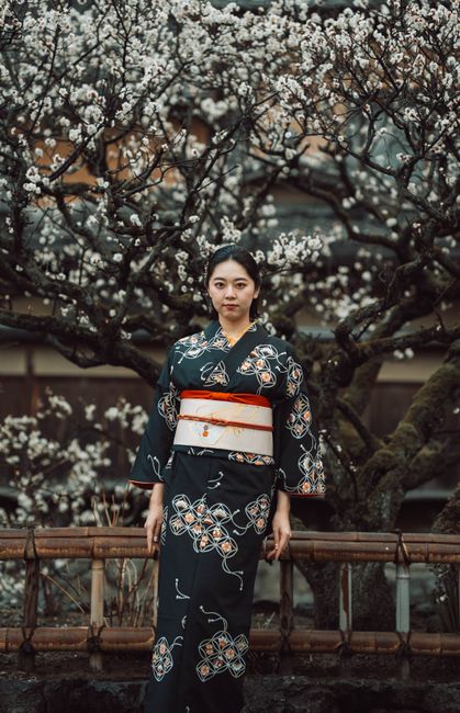 Japanese woman in floral kimono standing among cherry blossoms in Kyoto, Japan.