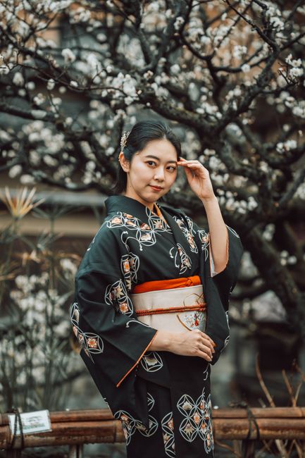 Portrait of a Japanese woman in a kimono in Kyoto's scenic setting.