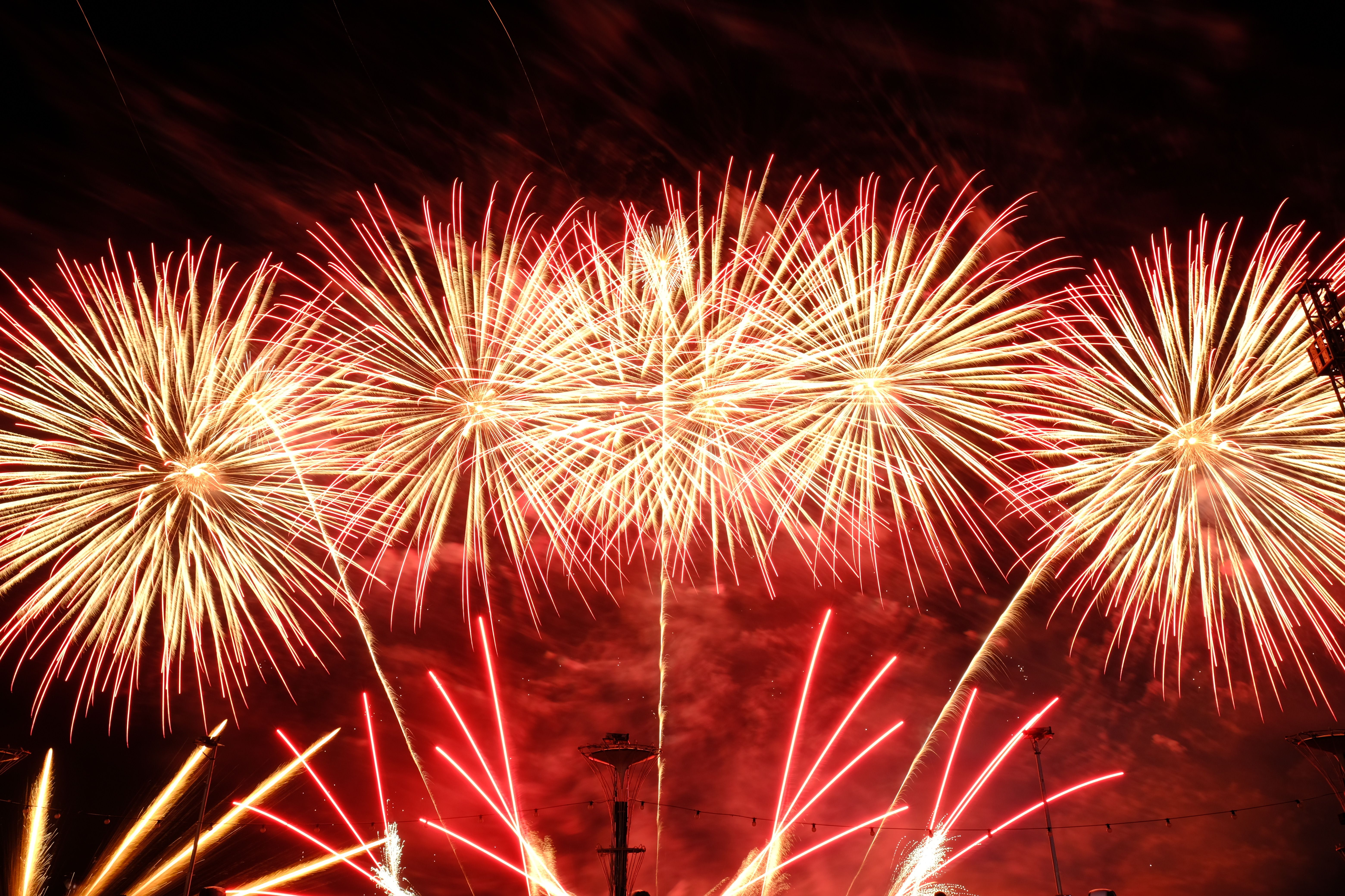 Spectacular fireworks lighting up a clear night sky in vibrant colors.