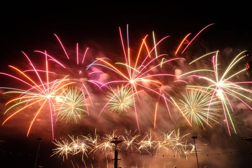 Free Colorful fireworks illuminate the night sky, creating a spectacular visual celebration. Stock Photo