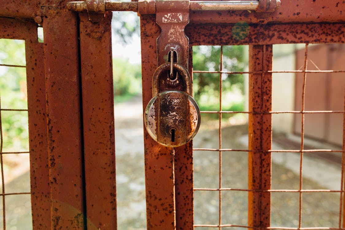 Rusty Padlock on Metal Gate