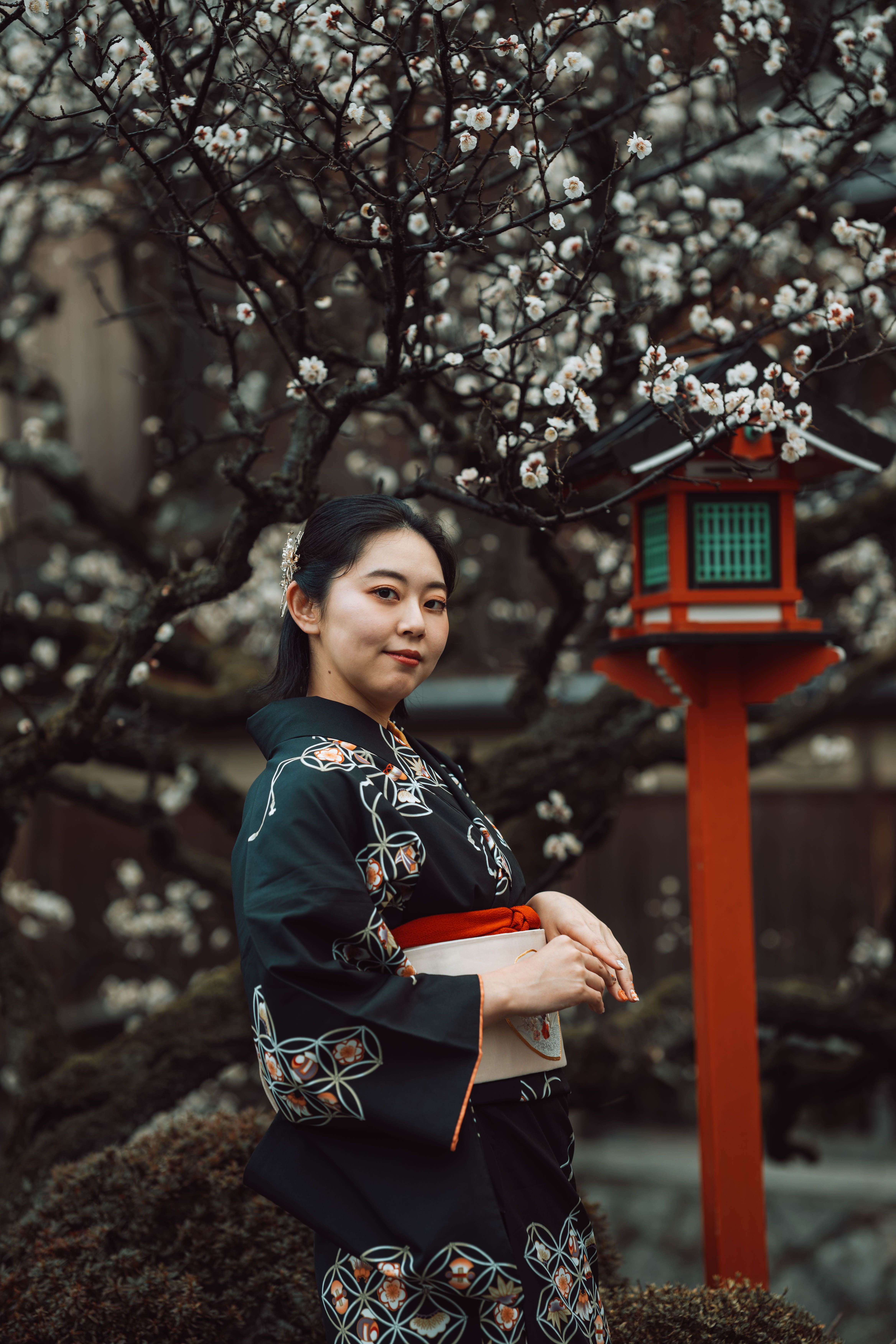 Woman in traditional kimono amidst blooming plum blossoms in Kyoto, Japan.