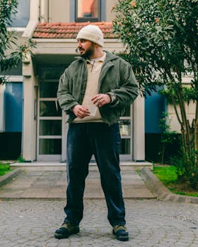 An adult man in casual attire standing confidently outdoors in a city neighborhood.