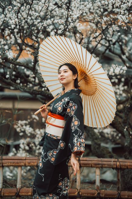 A woman in a kimono holds a parasol amidst plum blossoms in Kyoto, Japan.