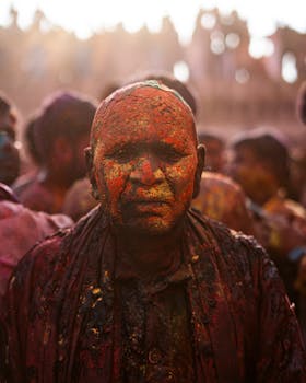 A man covered in vibrant colors during Holi festival in Nandgaon, India.