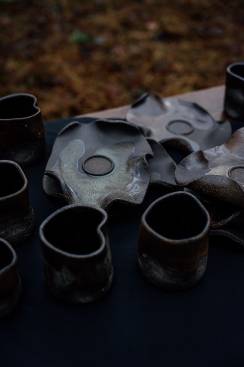 Free Artistic display of handmade ceramics with unique organic shapes. Stock Photo