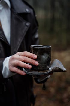 Close-up of a person holding a rustic handmade ceramic mug with saucer outdoors.