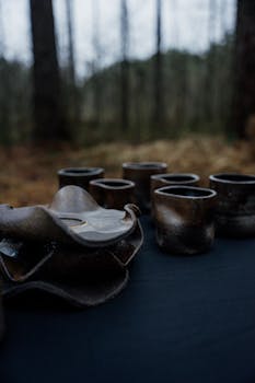Collection of handmade ceramic cups and bowls placed in a serene forest setting.